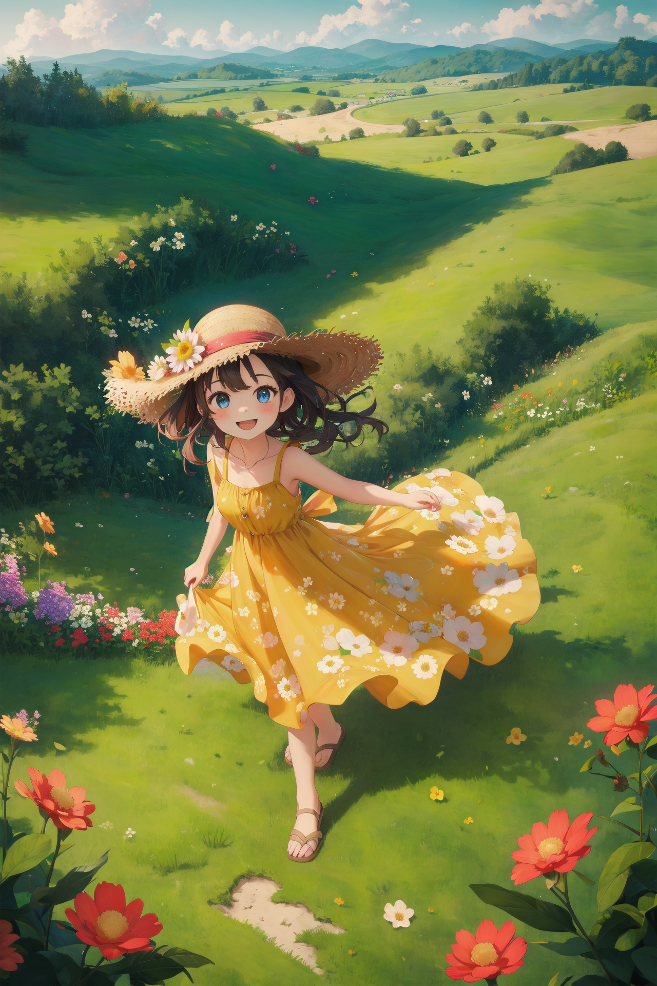 00143-1381313679-masterpiece, best quality, 1girl,sun-dress,outdoor,(kind smile_0.6),wind,dynamic,straw hat,flower,from above,landscape.png